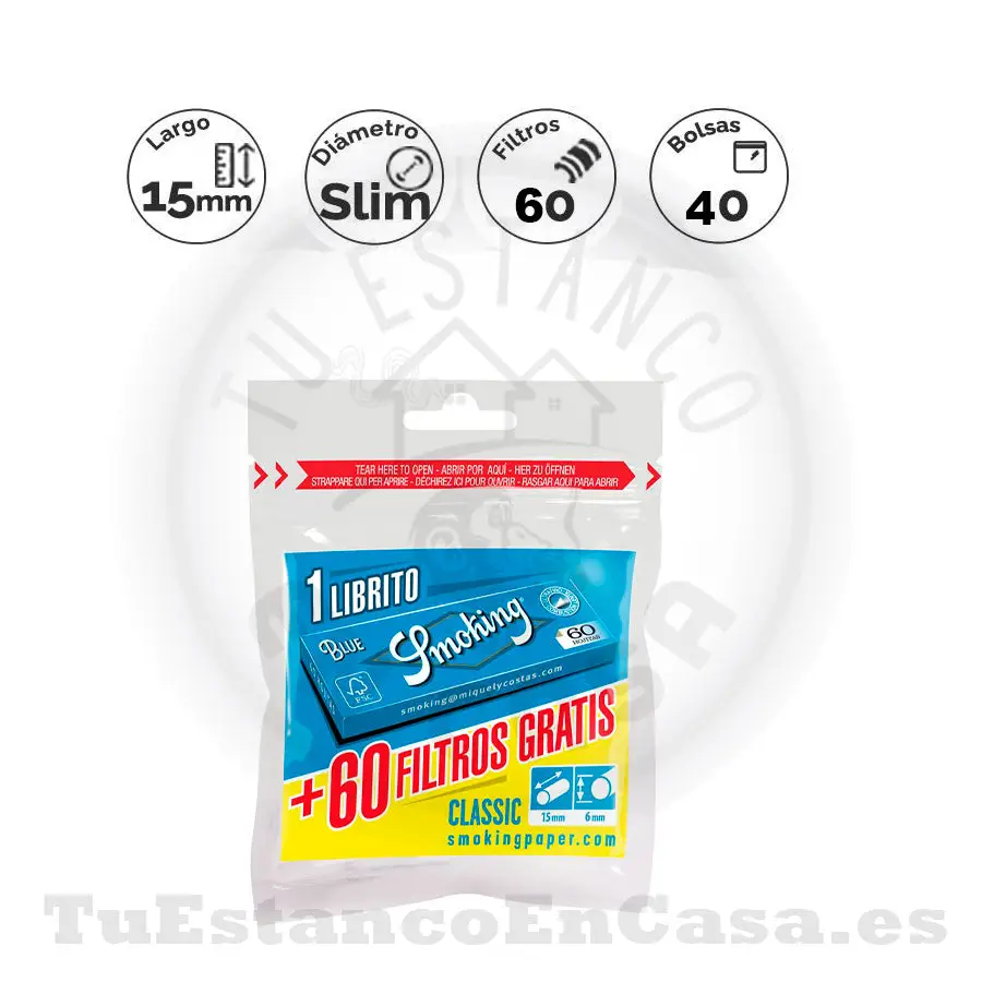 filtros-smoking-slim-6-mm-papel-de-fumar-smoking-azul-70-mm-60-und.webp Filtros Smoking Slim 6 mm + Papel de fumar Smoking Azul 70 mm 60 und. - Imagen 1